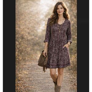 Garnet Hill Paisley Peasant Dress Women 6 Plum Floral 3/4 Sleeve Pockets 33654